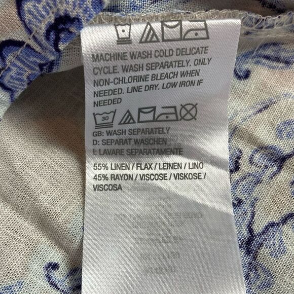 Belle by Kim Gravel True Blue Popover Tan Linen Rayon Blend Collared Blouse M - Picture 4 of 8